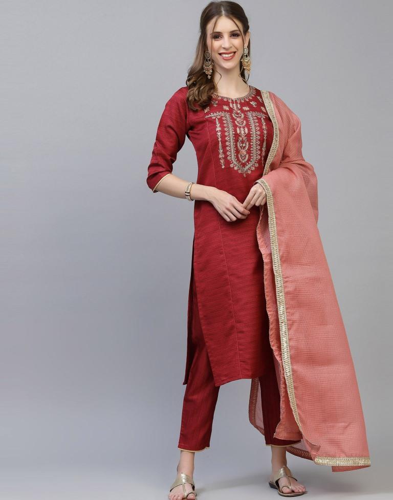 Maroon Kurti With Pant And Dupatta | Leemboodi