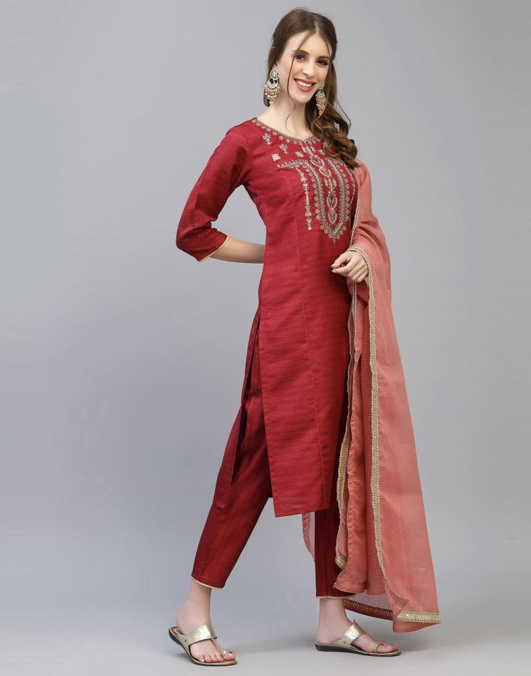 Maroon Kurti With Pant And Dupatta | Leemboodi