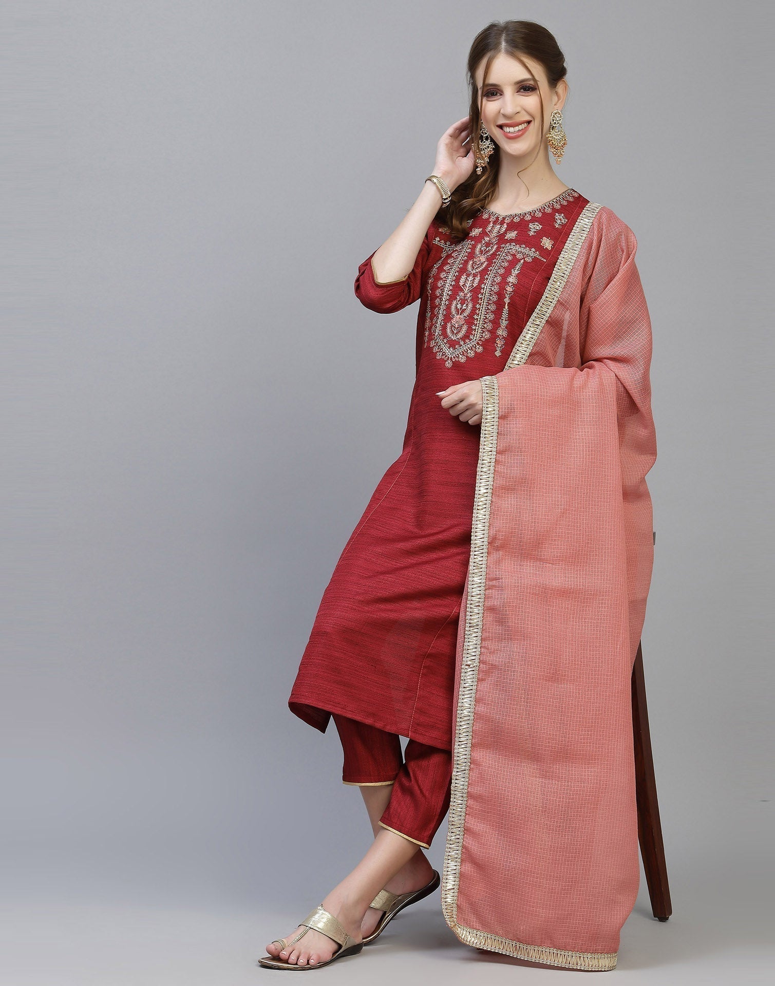 Maroon Kurti With Pant And Dupatta | Leemboodi