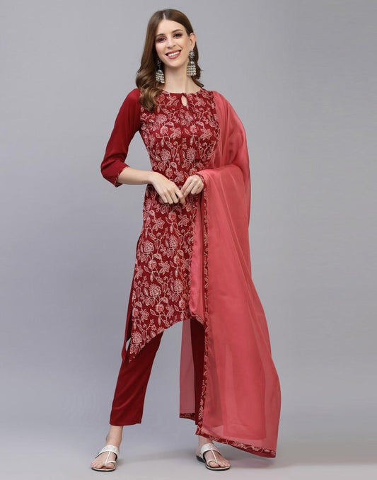 Maroon Kurti With Pant And Dupatta | Leemboodi