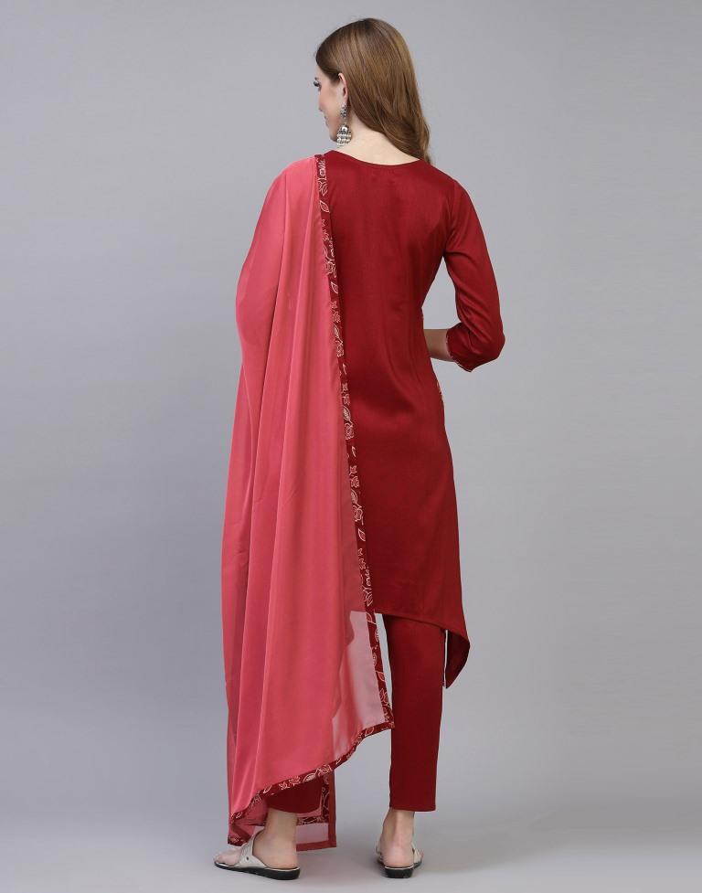 Maroon Kurti With Pant And Dupatta | Leemboodi