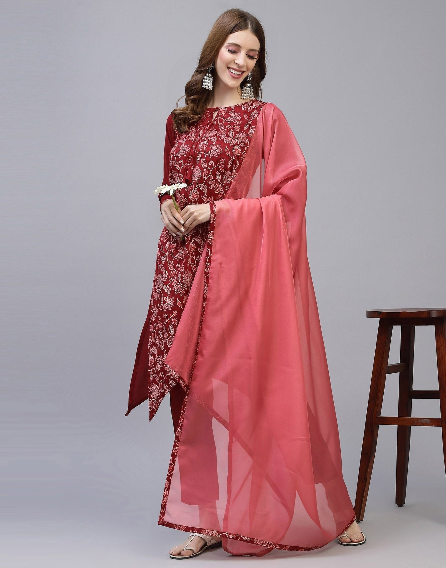 Maroon Kurti With Pant And Dupatta | Leemboodi