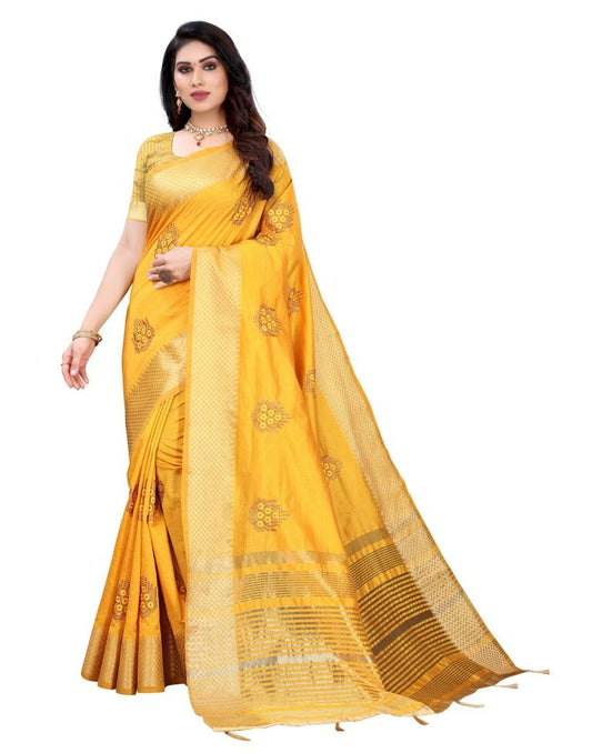 Mustard Yellow Embroidered Silk Saree | Sudathi