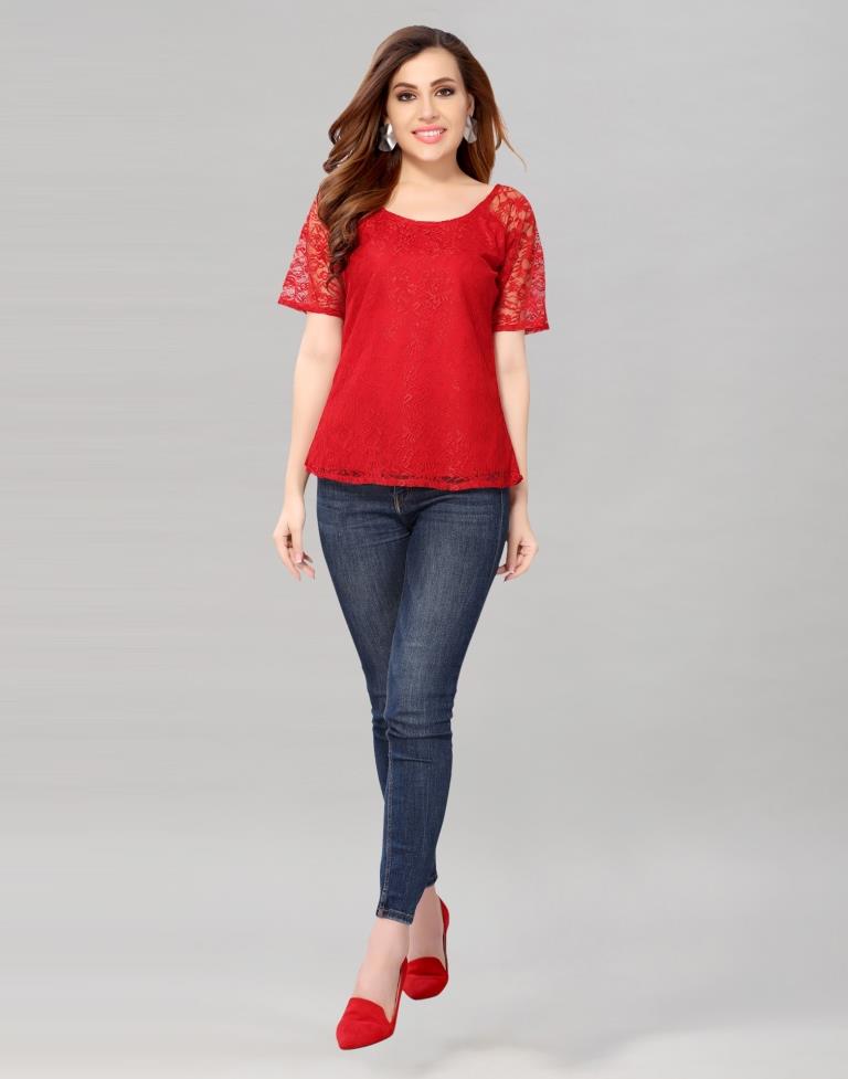 Red coloured Dyed Net Top | Leemboodi