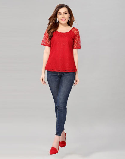 Red coloured Dyed Net Top | Leemboodi