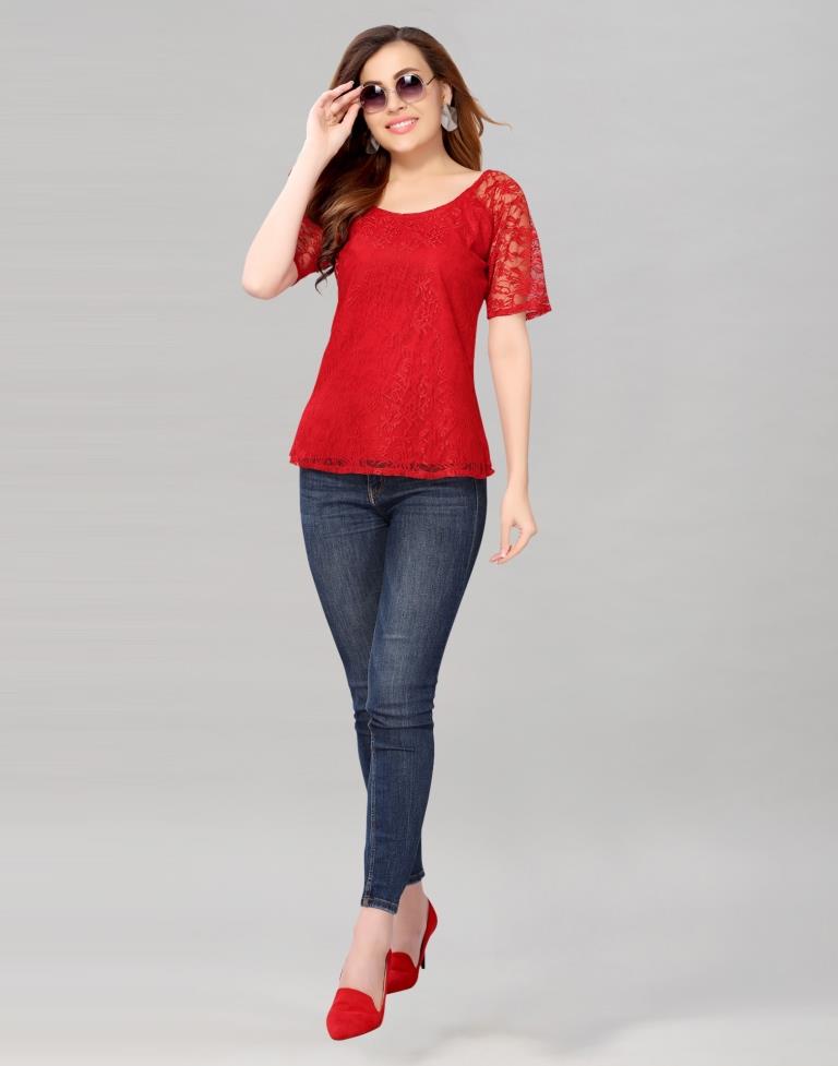 Red coloured Dyed Net Top | Leemboodi