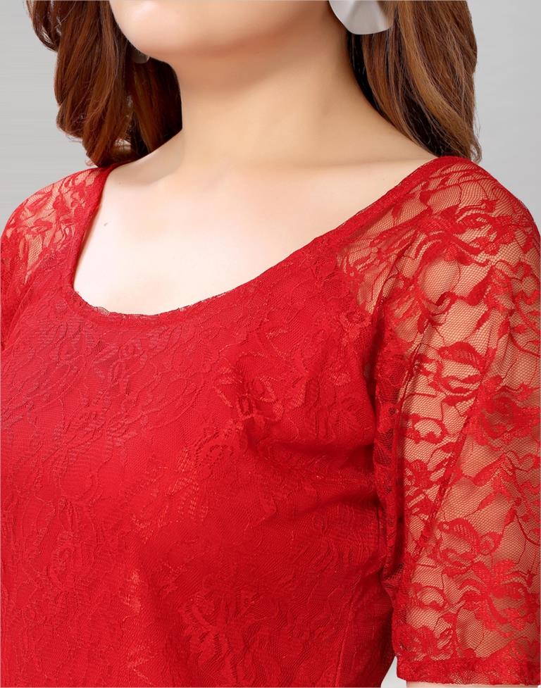 Red coloured Dyed Net Top | Leemboodi
