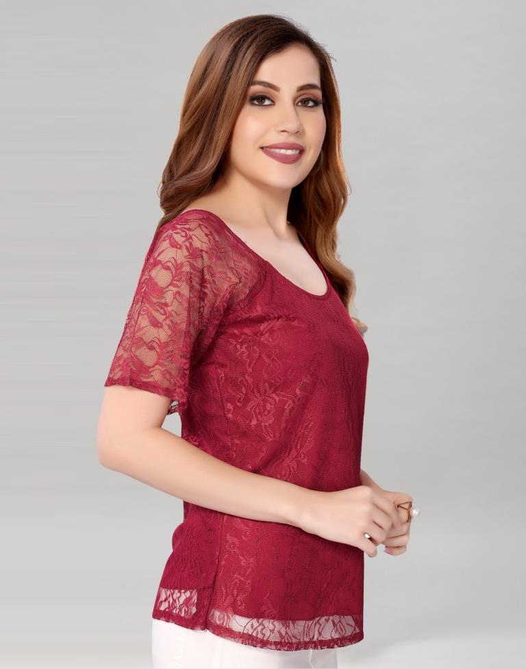 Maroon coloured Dyed Net Top | Leemboodi