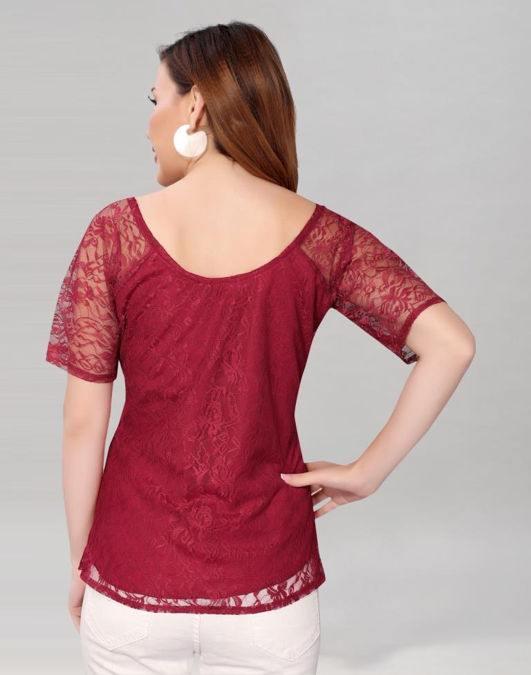 Maroon coloured Dyed Net Top | Leemboodi