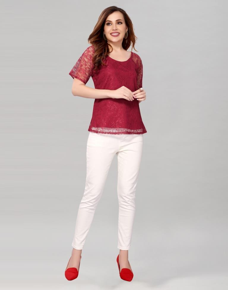 Maroon coloured Dyed Net Top | Leemboodi