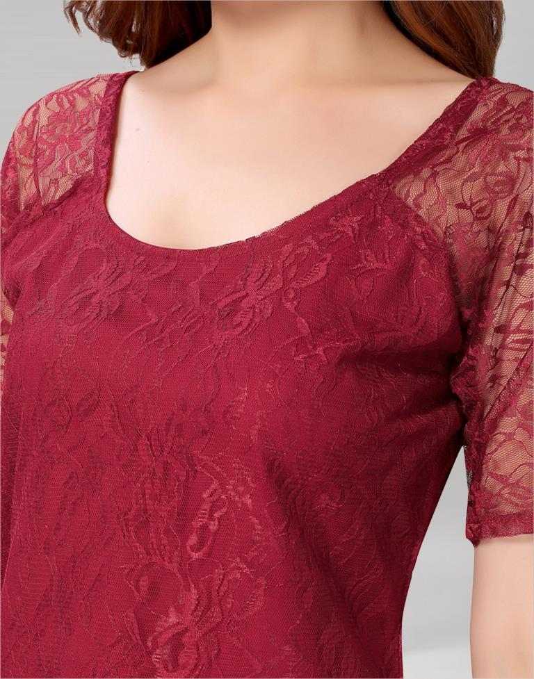 Maroon coloured Dyed Net Top | Leemboodi