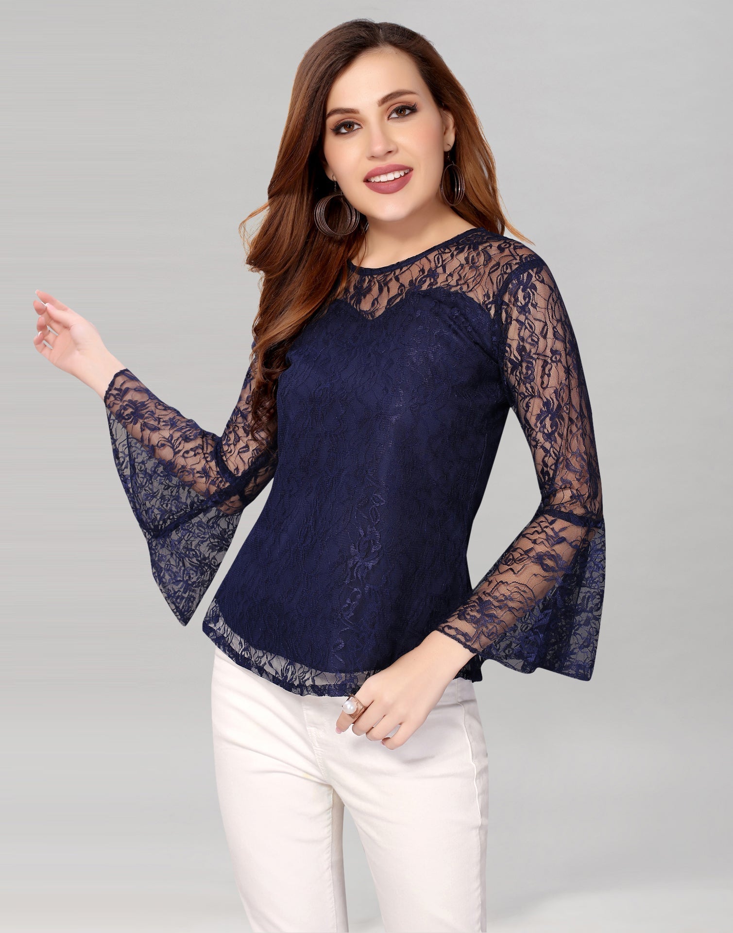 Blue Net Bell Sleeves top | Sudathi