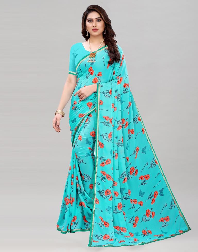 Sky Blue Coloured Georgette Floral Printed Casual saree | Sudathi