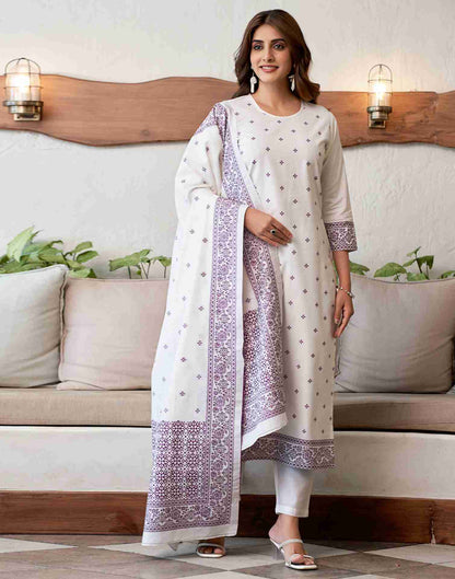 Off White Woven Cotton Straight Kurta Set With Dupatta