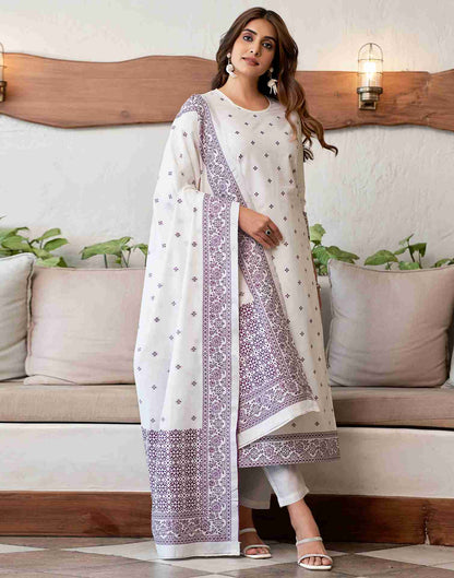 Off White Woven Cotton Straight Kurta Set With Dupatta