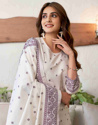 Off White Woven Cotton Straight Kurta Set With Dupatta