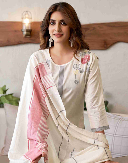 Off White Woven Cotton Straight Kurta Set With Dupatta