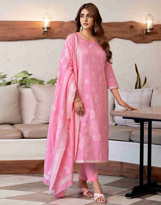 Pink Woven Cotton Straight Kurta Set With Dupatta