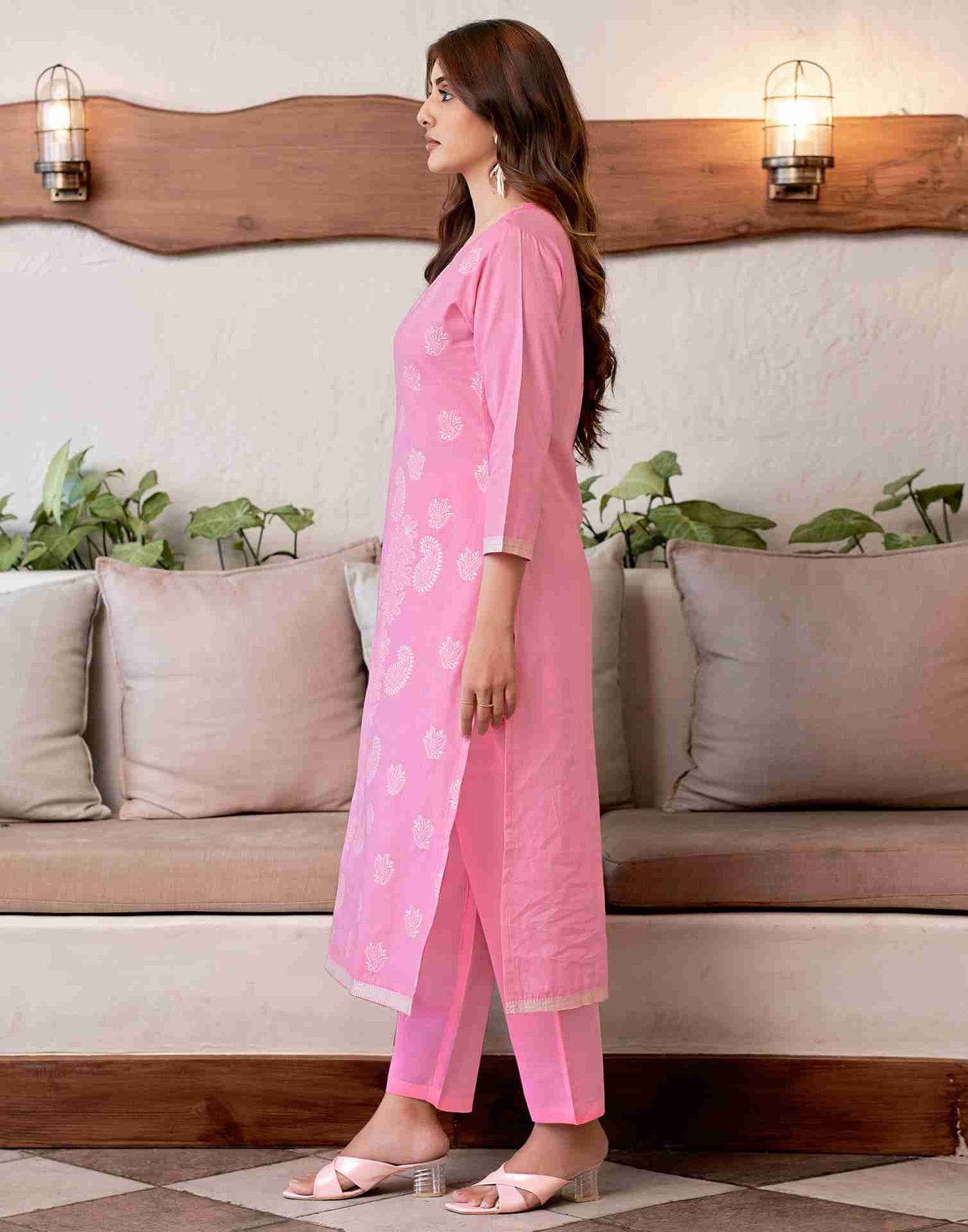 Pink Woven Cotton Straight Kurta Set With Dupatta