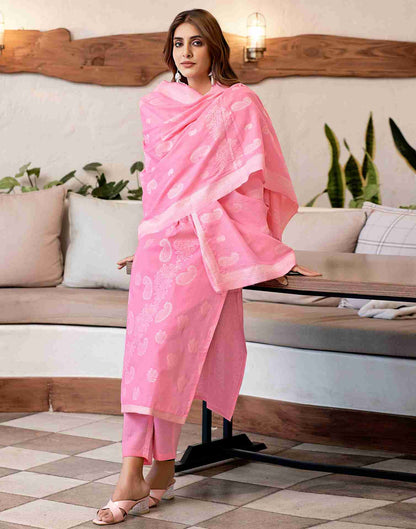 Pink Woven Cotton Straight Kurta Set With Dupatta