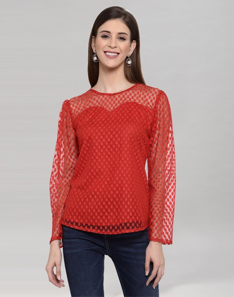 Red Coloured Plain Russell (Net) Top | Leemboodi