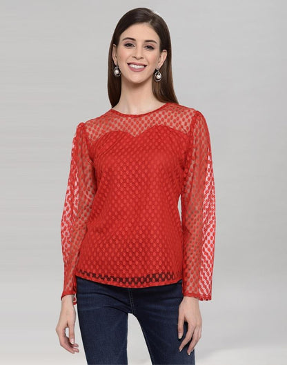 Red Coloured Plain Russell (Net) Top | Leemboodi