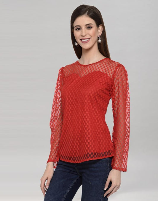 Red Coloured Plain Russell (Net) Top | Leemboodi