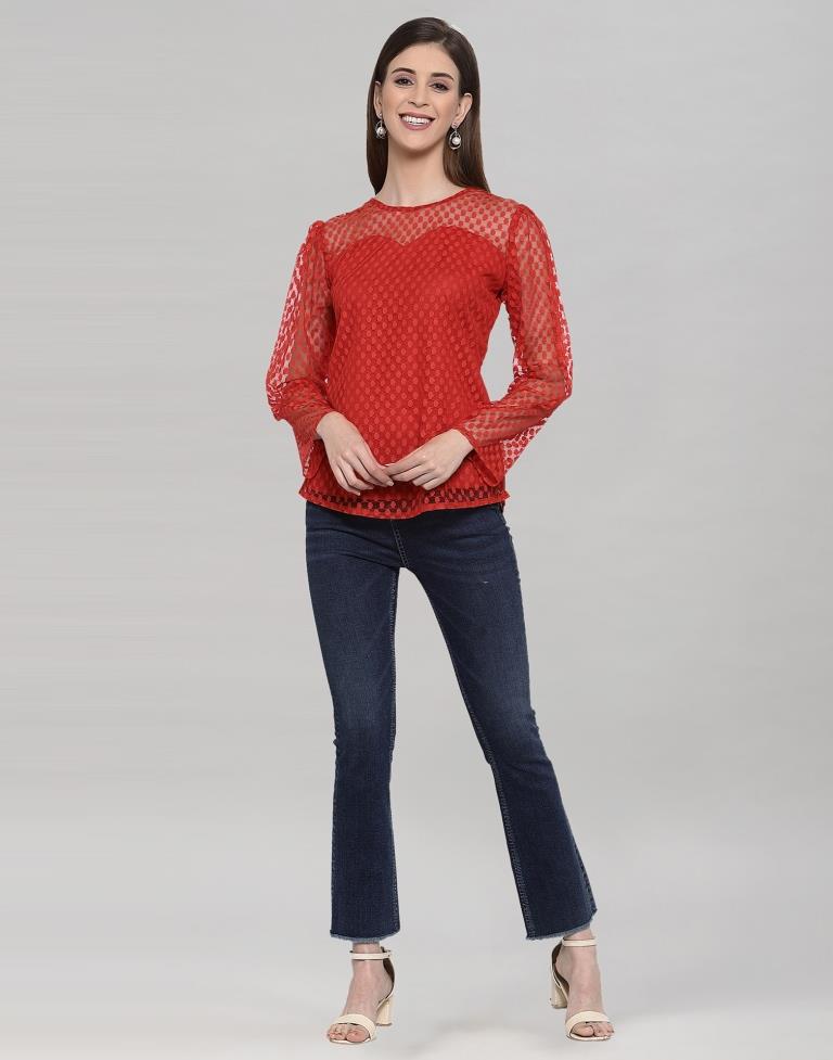 Red Coloured Plain Russell (Net) Top | Leemboodi