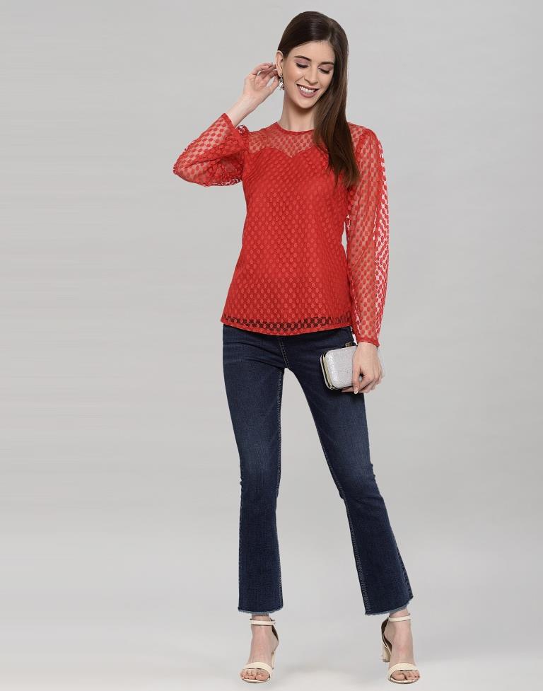Red Coloured Plain Russell (Net) Top | Leemboodi
