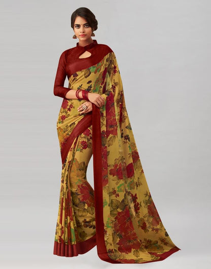Peanut Brown Coloured Chiffon Floral Printed Casual Saree | Sudathi