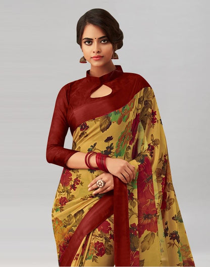 Peanut Brown Coloured Chiffon Floral Printed Casual Saree | Sudathi