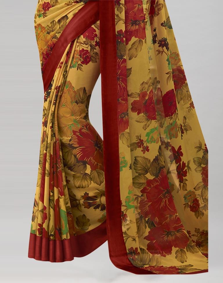 Peanut Brown Coloured Chiffon Floral Printed Casual Saree | Sudathi