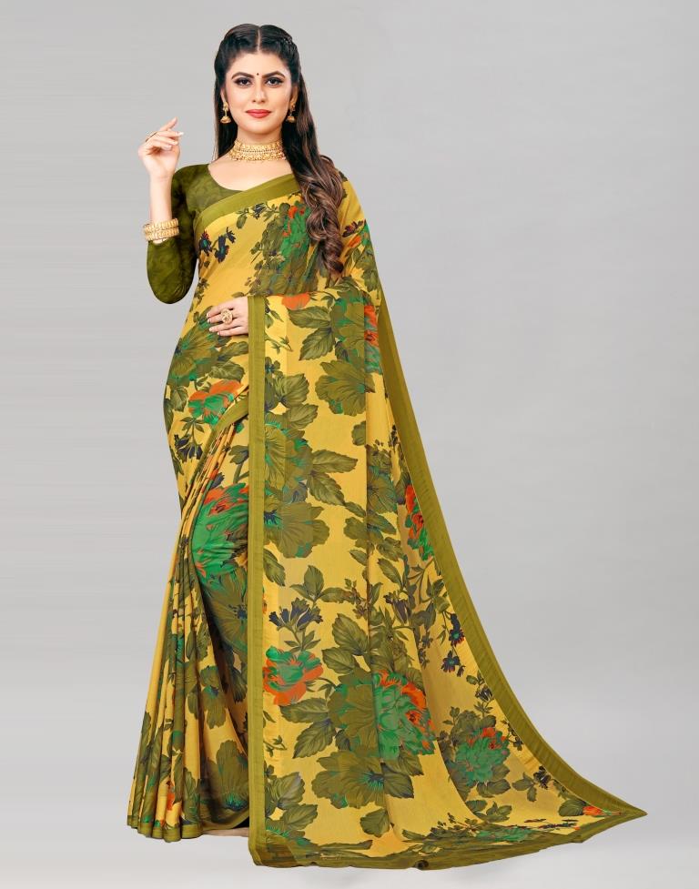 Olive Green Coloured Chiffon Floral Printed Casual Saree | Sudathi