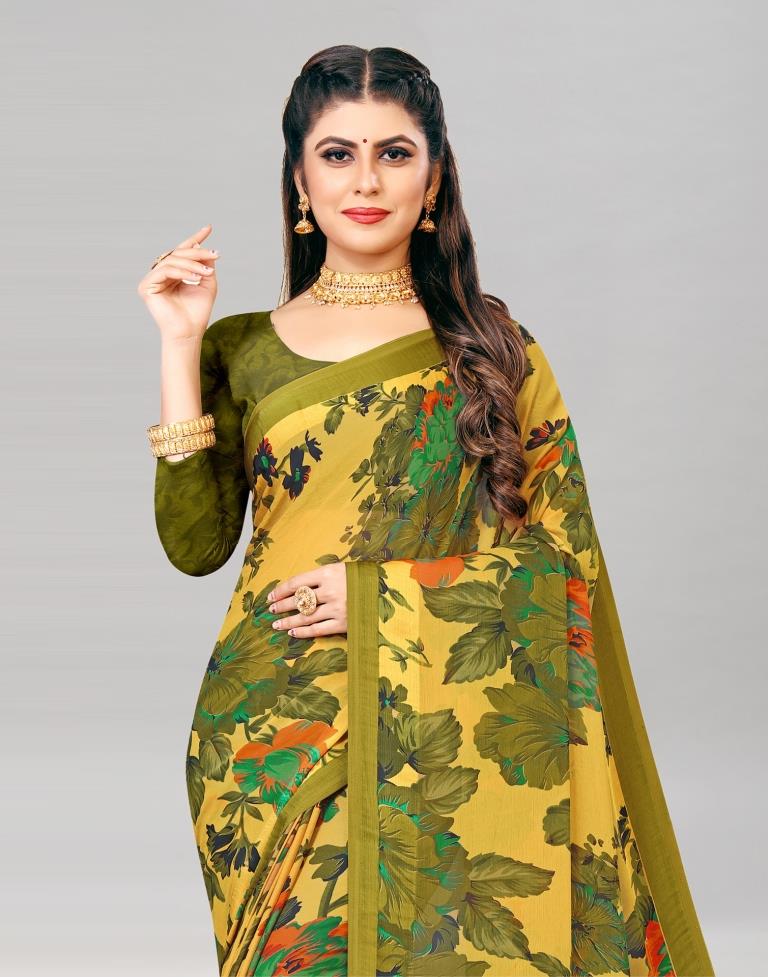 Olive Green Coloured Chiffon Floral Printed Casual Saree | Sudathi