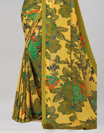 Olive Green Coloured Chiffon Floral Printed Casual Saree | Sudathi