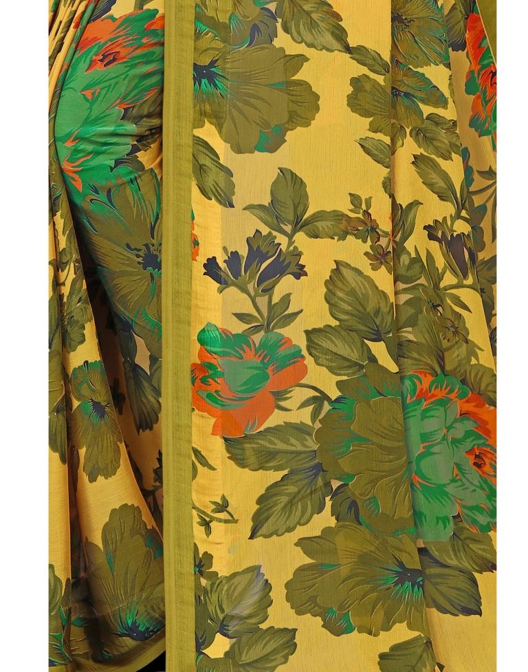 Olive Green Coloured Chiffon Floral Printed Casual Saree | Sudathi