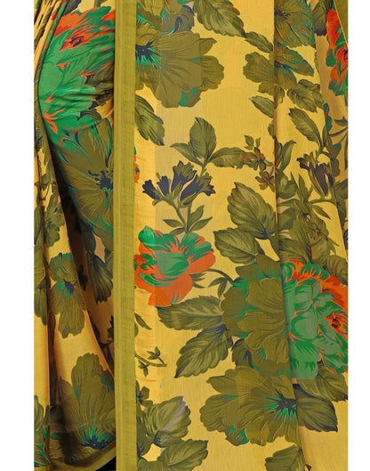 Olive Green Coloured Chiffon Floral Printed Casual Saree | Sudathi