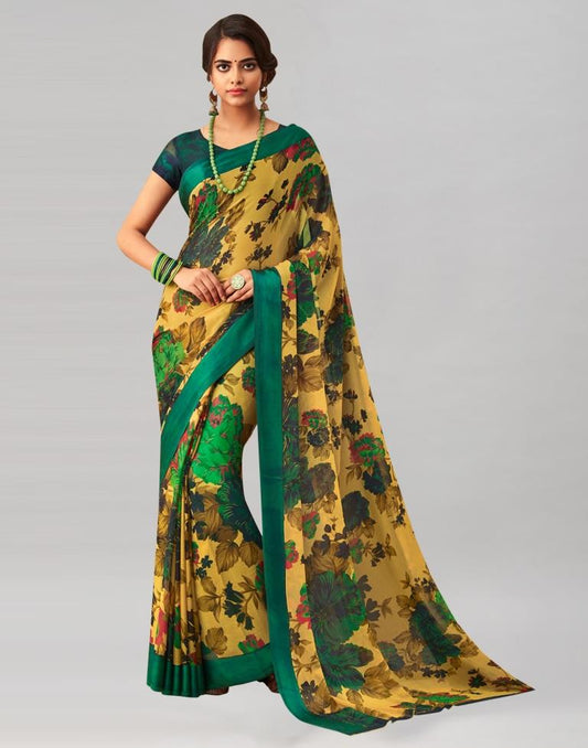 Mustard Yellow Coloured Chiffon Floral Printed Casual Saree | Sudathi