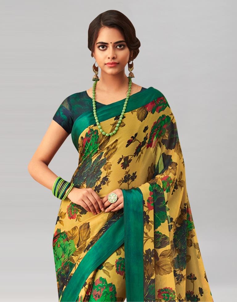 Mustard Yellow Coloured Chiffon Floral Printed Casual Saree | Sudathi
