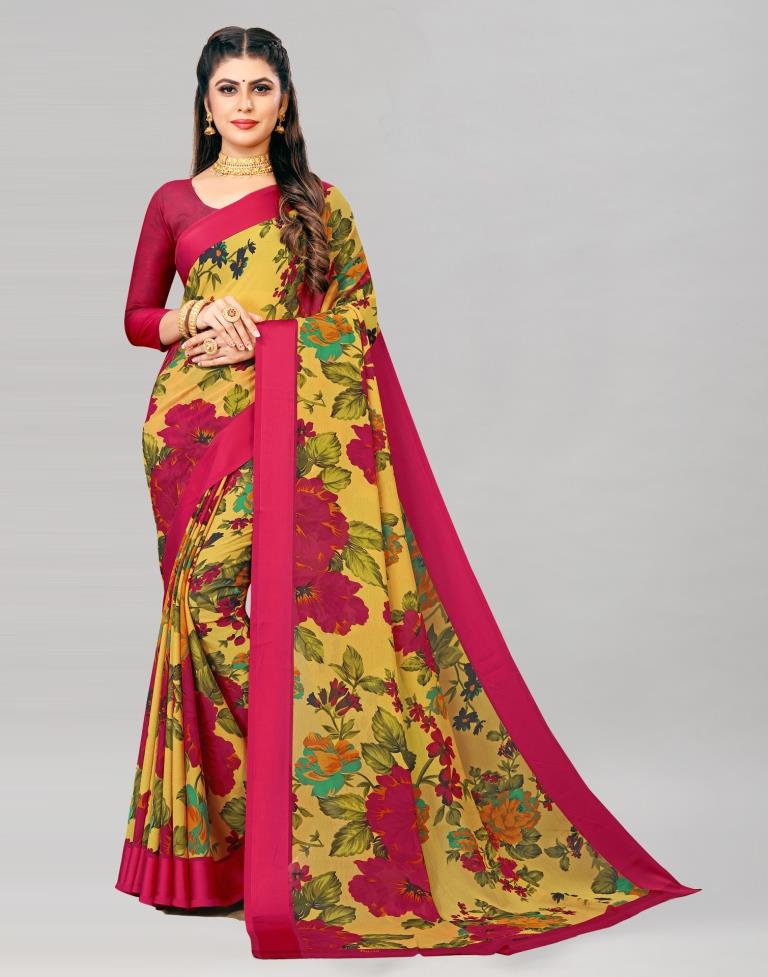 Mustard Yellow Coloured Chiffon Floral Printed Casual Saree | Sudathi