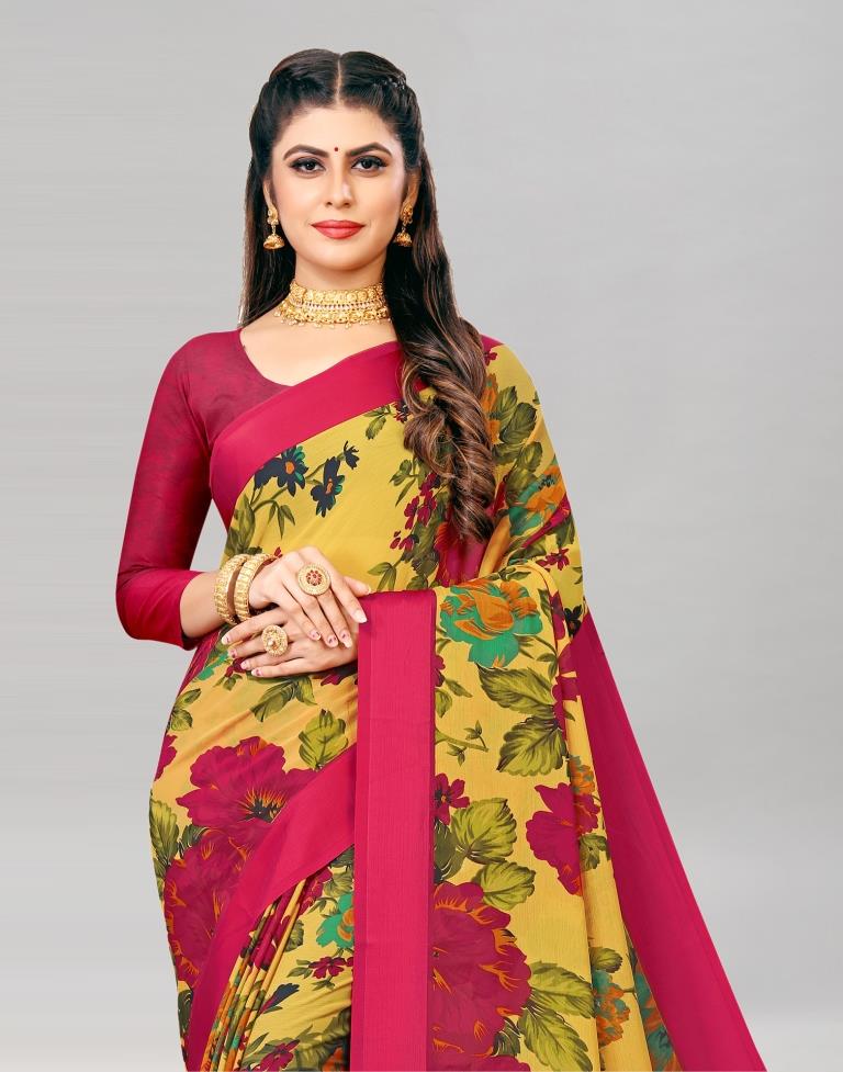 Mustard Yellow Coloured Chiffon Floral Printed Casual Saree | Sudathi
