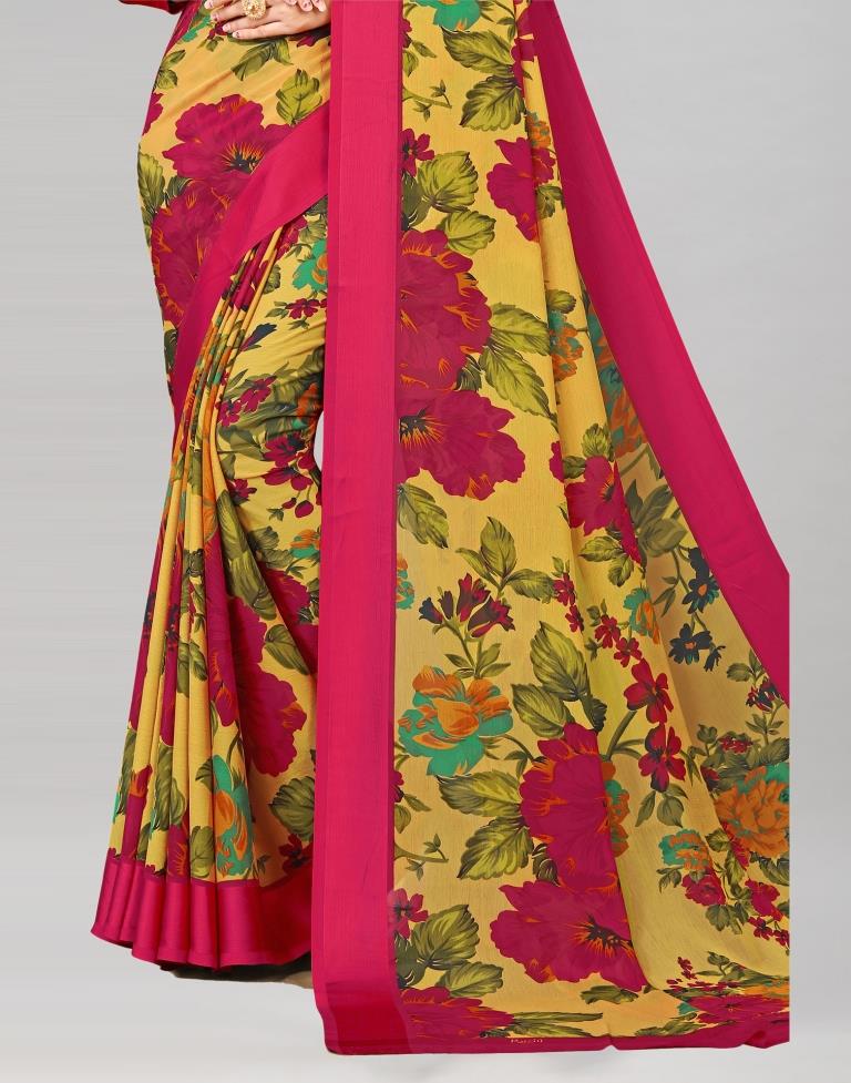 Mustard Yellow Coloured Chiffon Floral Printed Casual Saree | Sudathi