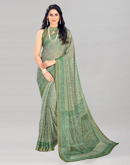 Olive Green Coloured Chiffon Floral Printed Casual saree | Sudathi