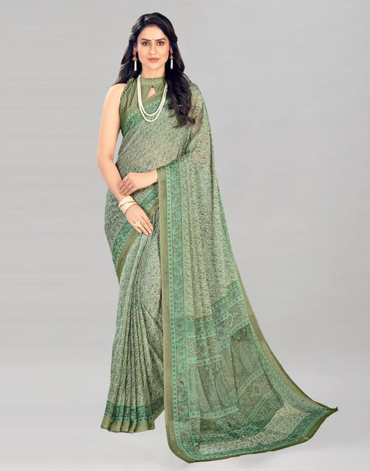 Olive Green Coloured Chiffon Floral Printed Casual saree | Sudathi