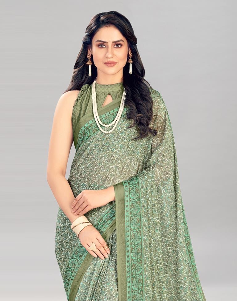 Olive Green Coloured Chiffon Floral Printed Casual saree | Sudathi