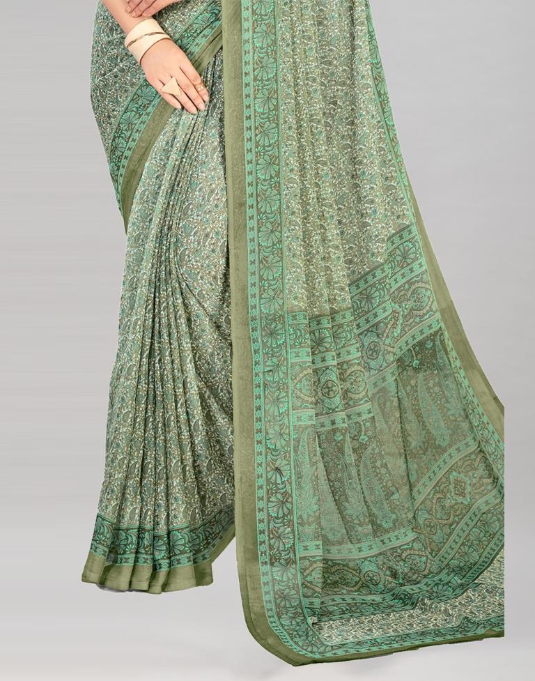 Olive Green Coloured Chiffon Floral Printed Casual saree | Sudathi
