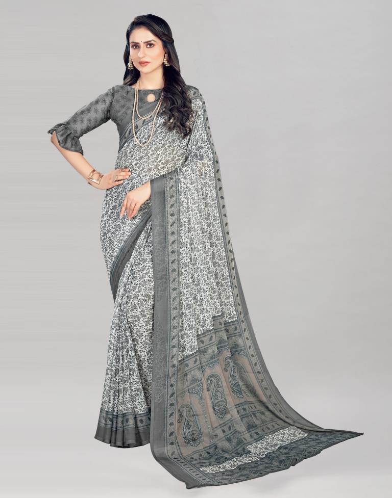 Grey Coloured Chiffon Floral Printed Casual saree | Sudathi