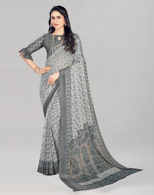 Grey Coloured Chiffon Floral Printed Casual saree | Sudathi