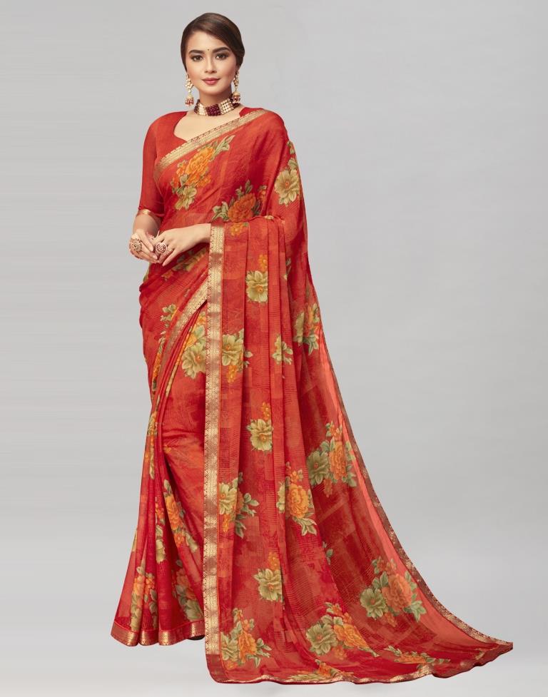 Coral Red Coloured Chiffon Floral Printed Casual saree | Sudathi