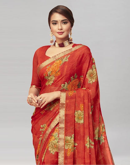 Coral Red Coloured Chiffon Floral Printed Casual saree | Sudathi